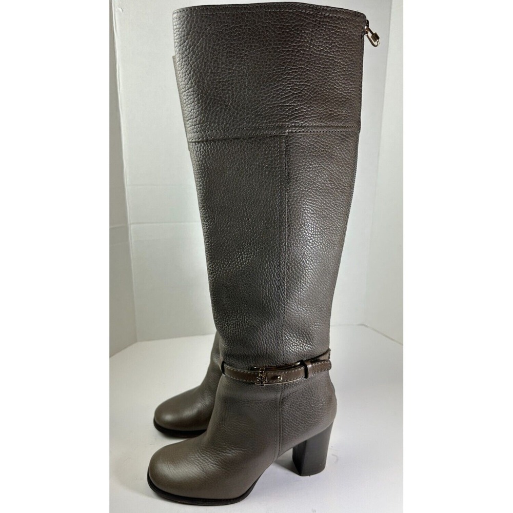 Tory Burch Pebbled Leather Zip Tall Block Heel Buckle Boots Gray 6M Quiet Luxury - Picture 16 of 16